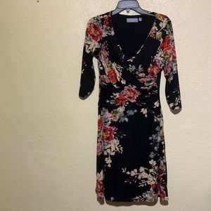 b-slim Dress Black Red Nude Floral S Pull Over Stretchy with Lining 3/4 Sleeves